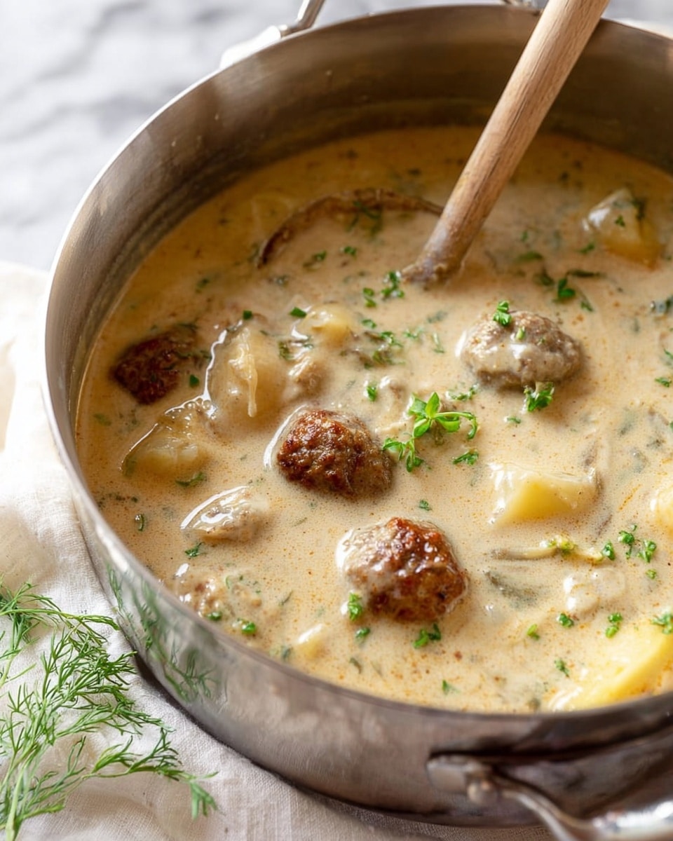A close-up view of a large silver pot filled with creamy light beige soup that has a smooth, slightly thick texture. Visible within the soup are several browned meatballs and chunks of potatoes, garnished with small green herb pieces scattered on top. A wooden spoon rests inside the pot, partially submerged in the soup, showing a rich, hearty mixture. The pot sits on a soft white cloth with some green herb sprigs around it, all placed on a white marbled surface. photo taken with an iphone --ar 4:5 --v 7
