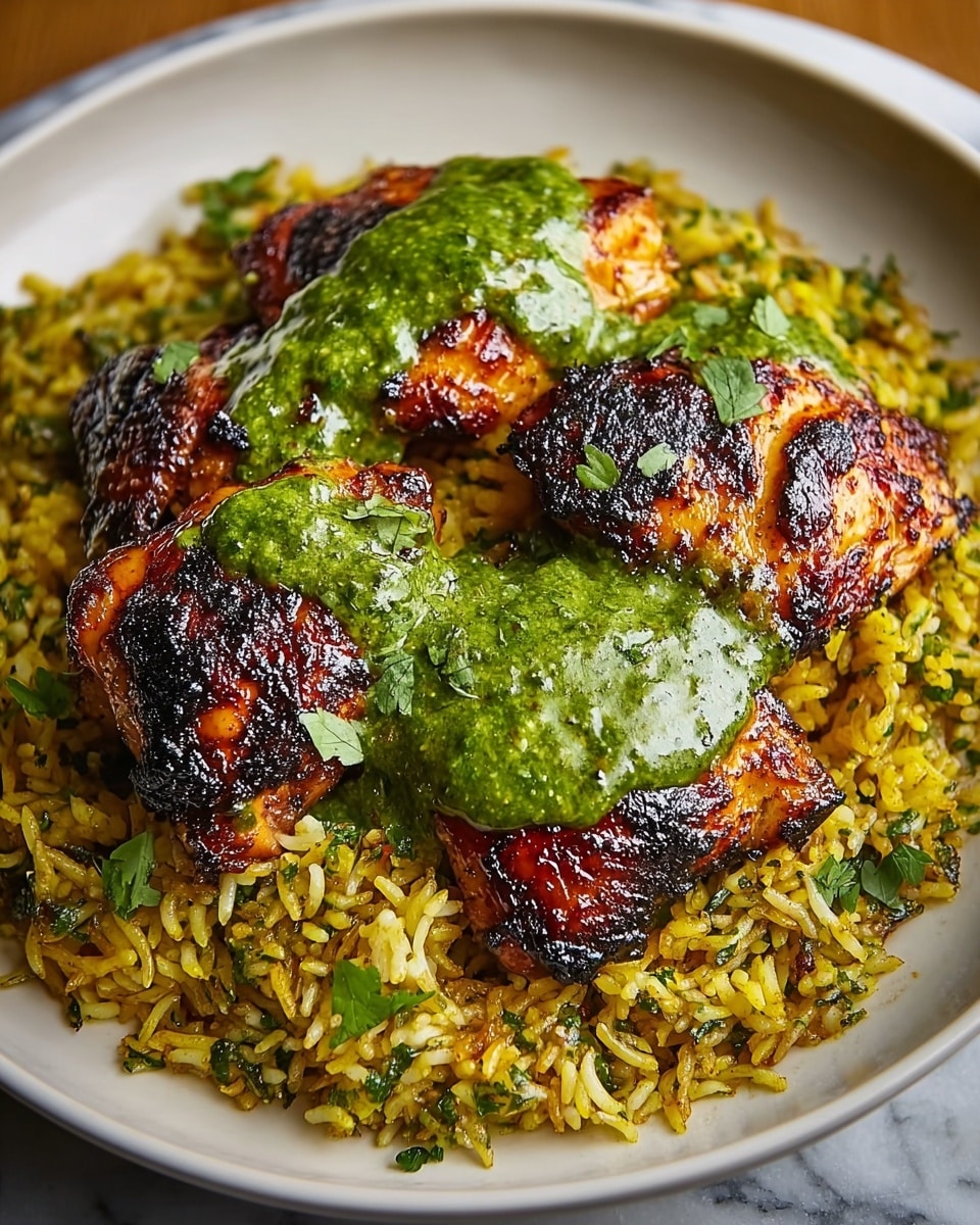 A white plate holds a bed of golden yellow rice mixed with small green herb pieces, giving it a textured look. On top are four pieces of grilled chicken with charred dark brown and reddish-orange skin showing a crispy texture. Covering the chicken is a glossy, thick layer of bright green sauce with visible bits of herbs, slightly spilling over the edges. A few scattered green herb leaves garnish the dish. The plate is set on a white marbled texture. photo taken with an iphone --ar 4:5 --v 7