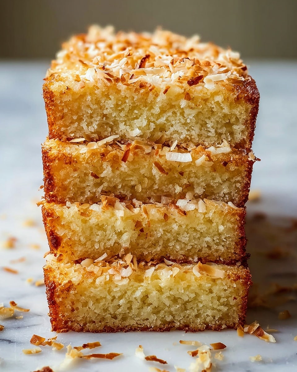 A close-up view of a rectangular cake sliced into four thick layers, each layer showing a moist, light golden texture with visible toasted coconut flakes embedded throughout. The outer edges of the cake have a crispy, darker golden-brown finish, and the top is generously sprinkled with extra toasted coconut flakes, adding a rough texture and crunchy look. The cake layers are stacked neatly, with some crumbs and flakes scattered around on a white marbled surface. photo taken with an iphone --ar 4:5 --v 7