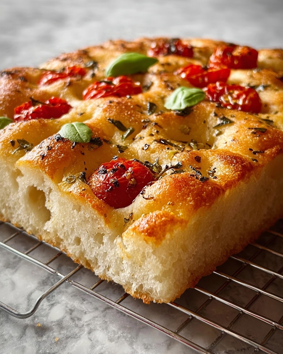 A thick, square slice of focaccia bread with a light golden-brown crust sits on a wire rack. The bread has a fluffy and airy texture, shown by the soft white inside visible on the sides. On top, there are blistered red cherry tomatoes, scattered green basil leaves, and dark specks of herbs and black pepper evenly spread. The surface of the bread looks shiny and slightly oily, highlighting the crisp, raised bumps. The background is a white marbled texture. photo taken with an iphone --ar 4:5 --v 7