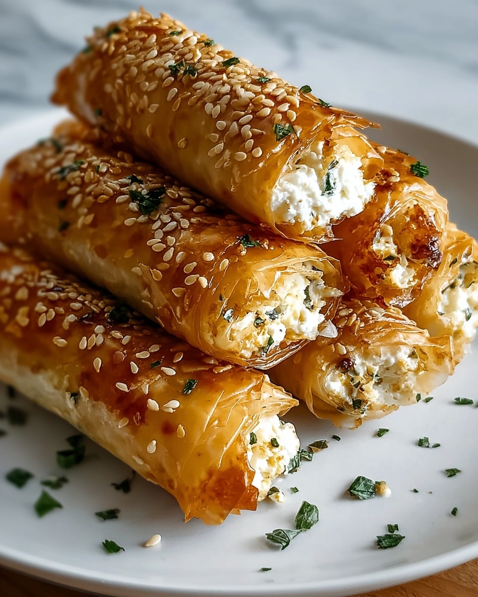 Four crunchy golden-brown rolls filled with soft white cheese are stacked on a white round plate. Each roll is made from thin, crispy layers that shine with a slight glaze. The tops are sprinkled with toasted sesame seeds and small green herb pieces, adding texture and color contrast. A few more herb bits lie scattered on the plate around the rolls. The photo is taken close up, showing the filling peeking out the ends of the rolls. The background is a white marbled texture. photo taken with an iphone --ar 4:5 --v 7