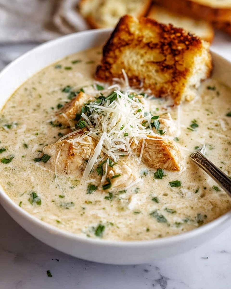 The image shows a white bowl filled with creamy chicken soup. The soup has a light beige color with small green herb pieces scattered throughout. There are several light brown cooked chicken chunks in the middle, topped with a small pile of shredded white cheese and finely chopped green herbs. A piece of toasted bread with a golden-brown crust is placed on the edge of the bowl. A silver spoon is partially inside the bowl on the right side. The bowl sits on a white marbled surface with some bread pieces blurred in the background. photo taken with an iphone --ar 4:5 --v 7