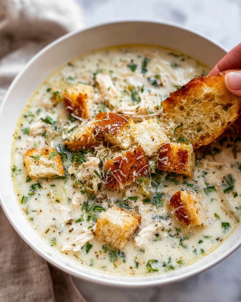 A white bowl filled with creamy white chicken soup, showing pieces of shredded white chicken and golden brown toasted bread cubes floating on top. Green herbs are scattered throughout the soup, adding texture and color, while some grated cheese is sprinkled over the bread cubes. Part of a woman's hand is holding a large toasted bread chunk dipped into the soup. The bowl is placed on a white marbled surface with soft natural light highlighting the creamy texture and the golden crusts of the bread. Photo taken with an iphone --ar 4:5 --v 7