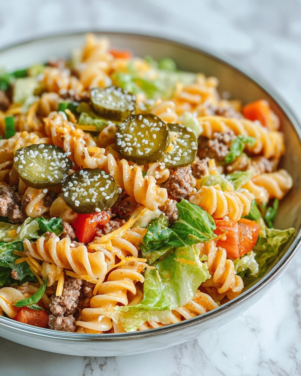 The dish shows a close-up of spiral pasta mixed with small chunks of ground beef, chopped green lettuce, diced orange bell peppers, and shredded pale yellow cheese. On top, there are round slices of dark green pickles sprinkled with white sesame seeds. All ingredients are inside a white bowl with a clear edge, set on a white marbled surface. The textures show soft pasta, tender beef, fresh crunchy vegetables, and smooth pickles. photo taken with an iphone --ar 4:5 --v 7
