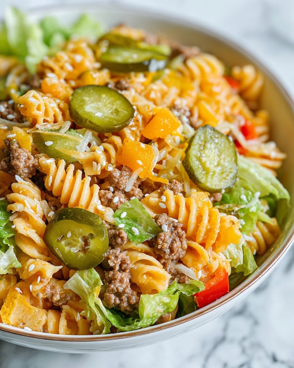 A close-up of a white bowl filled with a colorful pasta salad showing three main layers: the bottom layer is a light orange creamy pasta spirals mixed with green lettuce leaves; the middle layer has small chunks of cooked brown ground meat and bright orange diced bell peppers; the top layer is topped with sliced green pickles sprinkled with white sesame seeds, with some shredded pale yellow cheese scattered throughout. The bowl sits on a white marbled surface. photo taken with an iphone --ar 4:5 --v 7