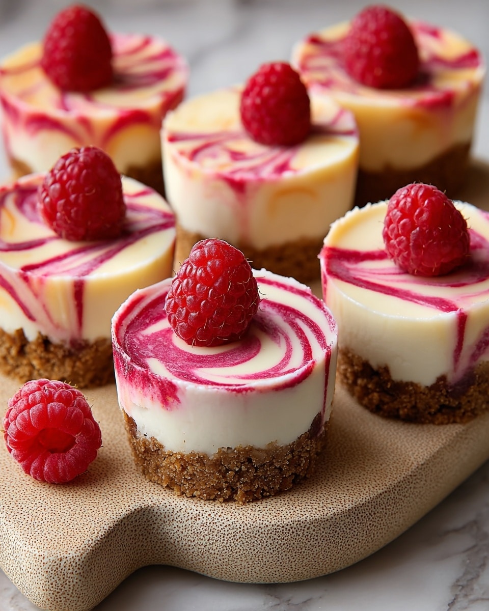 The image shows several small cheesecake cups arranged on a beige textured board set on a white marbled surface. Each cheesecake has three layers: a bottom layer of crumbly brown cookie crust, a thick middle layer of smooth white cheesecake, and a top layer featuring a pink and white swirl pattern. Some cheesecakes are topped with a single bright red raspberry, and one raspberry lies near the board on the surface. The swirl design on each cheesecake varies slightly, creating a marbled effect on top. The lighting highlights the creamy texture of the cheesecakes and the juicy shine of the raspberries. Photo taken with an iphone --ar 4:5 --v 7