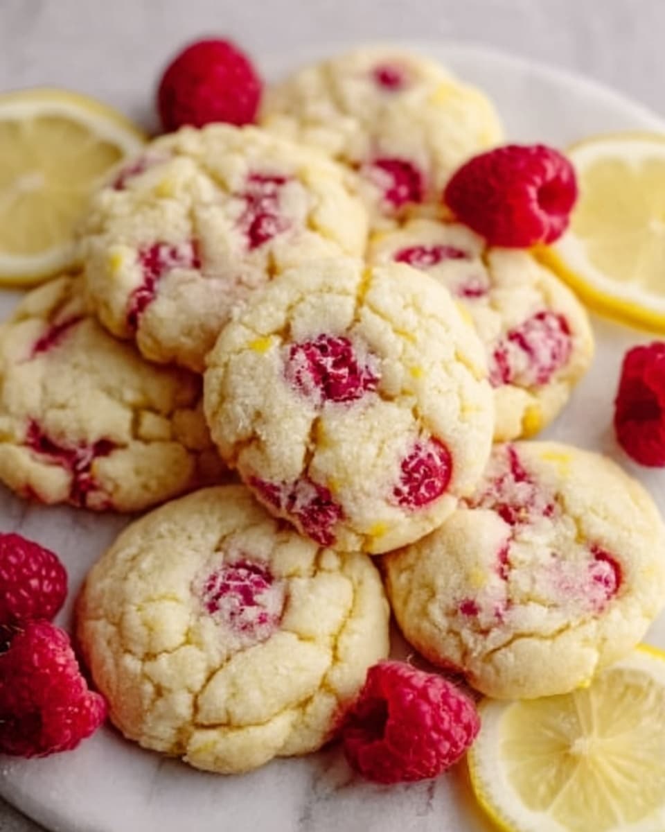 A white plate holds a single layer of soft, light yellow lemon cookies studded with pieces of red raspberry throughout. Around the cookies are several fresh red raspberries and thin slices of bright yellow lemon placed on a white marbled surface. The cookies have a slightly cracked top texture, showing a tender inside with bits of fruit visible. The colors include pale yellow with red spots and fresh red and yellow fruit accents. Photo taken with an iphone --ar 4:5 --v 7