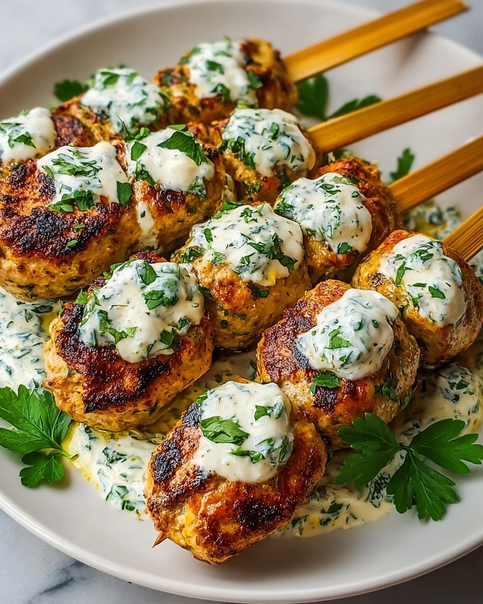 The image shows five grilled meat skewers placed on a white plate with a white marbled texture beneath. Each skewer contains oval-shaped grilled meat pieces with a golden-brown, slightly charred surface. On top of each piece sits a dollop of creamy white sauce mixed with chopped green herbs, which also spreads across the bottom of the plate, garnished with whole green parsley leaves. The wooden sticks of the skewers extend out from the top right side beyond the plate. The colors mainly include golden brown, white, and bright green, creating a fresh and appetizing look. Photo taken with an iphone --ar 4:5 --v 7