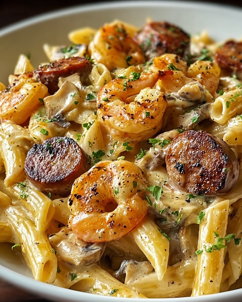 A white bowl filled with creamy pasta layers, starting with a base of pale yellow penne pasta coated in a rich, creamy sauce. Scattered on top are several browned sausage slices with a dark golden crust, and large, orange shrimp with slight char marks, adding a pop of color. Mixed throughout the dish are chunky pieces of light brown mushrooms and bits of finely chopped green herbs sprinkled across, enhancing the fresh look. The creamy sauce glistens, covering the pasta and proteins evenly, making the dish look warm and hearty. The photo is taken with an iphone --ar 4:5 --v 7