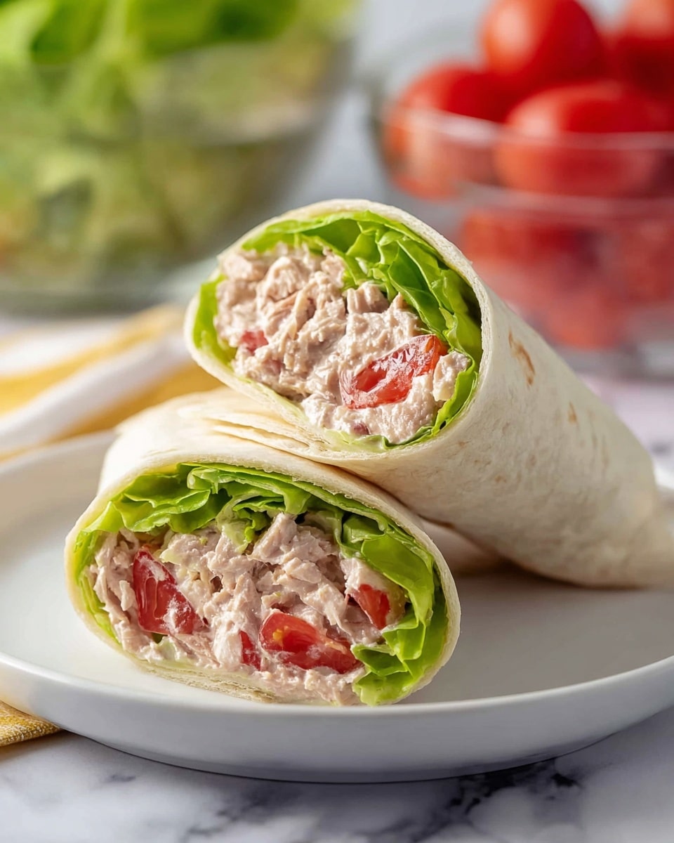 A close-up image shows two halves of a wrap on a white plate, set on a white marbled surface. Each wrap has a soft, light beige tortilla outer layer, and inside there is a layer of green lettuce with visible veins, followed by a creamy light pink tuna salad mixed with small pieces of red tomato. The wrap is sliced to show the layers clearly, with the lettuce and tuna filling tightly rolled inside the tortilla. In the background, there is a glass bowl with red tomatoes and a white bowl with green lettuce, softly focused. The photo taken with an iphone --ar 4:5 --v 7
