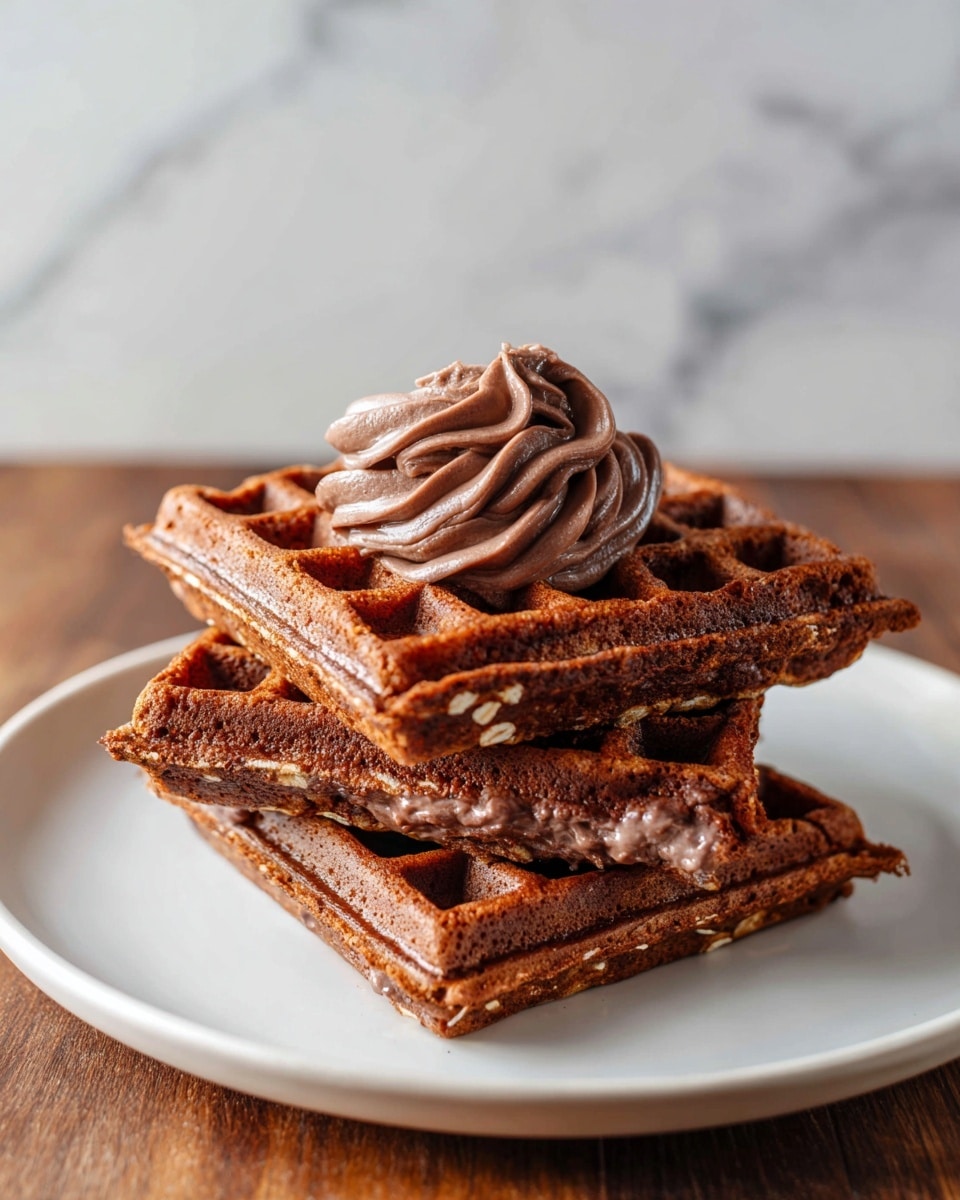 Two thick, square-shaped chocolate waffles stacked on a white plate with a thin gold rim, placed on a white marbled texture surface. The top waffle is loaded with chunks of walnuts and glossy dark chocolate pieces embedded in the grid pattern, showing a rich brown color and slightly crumbly texture around the edges. Below it, the second waffle peeks out with a similar texture and color. Sandwiched between the two waffles is a smooth dollop of light brown creamy spread, adding a soft contrast to the crispy waffles. photo taken with an iphone --ar 4:5 --v 7