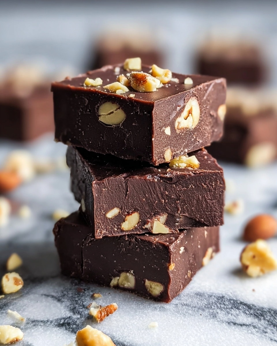 The image shows a stack of three thick, dark chocolate fudge squares on a white marbled surface, each square containing small pieces of light brown nuts inside. The top square has a smooth, shiny finish with a few crunchy nut pieces scattered on it. Around the stack, there are bits of broken nuts. In the background, blurred chocolate fudge pieces can be seen on the same white marbled texture. photo taken with an iphone --ar 4:5 --v 7