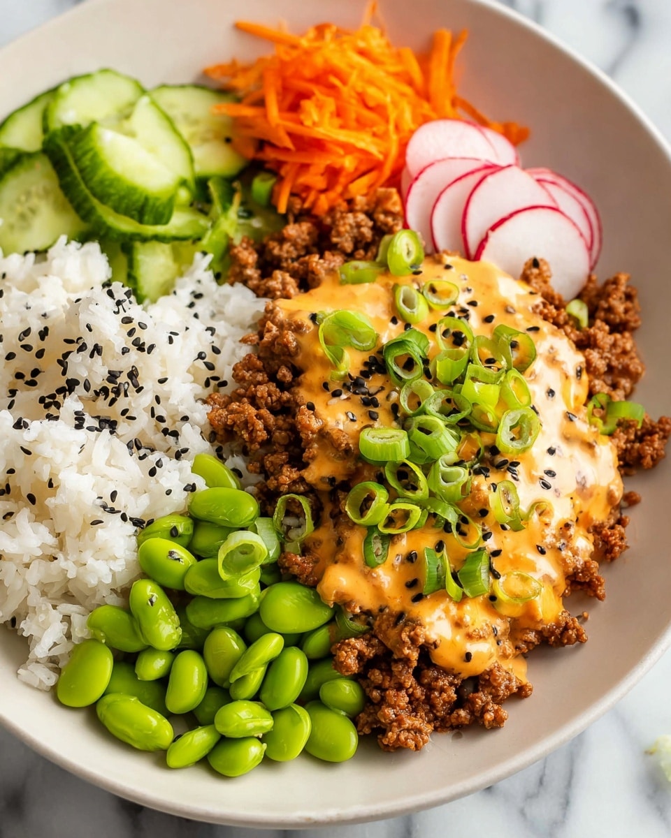 A white plate holds a colorful dish with five visible layers arranged side by side: on the left, white rice sprinkled with black sesame seeds; next to it, a pile of bright green edamame beans topped with sliced green onions; then, cooked ground meat covered with a creamy orange sauce and garnished with more sliced green onions and black sesame seeds; behind the meat, fresh green cucumber slices; and, in the back corner, shredded bright orange carrots along with thinly sliced radishes showing white centers and red edges. The plate is set on a white marbled surface, and the photo is taken from a close angle. photo taken with an iphone --ar 4:5 --v 7