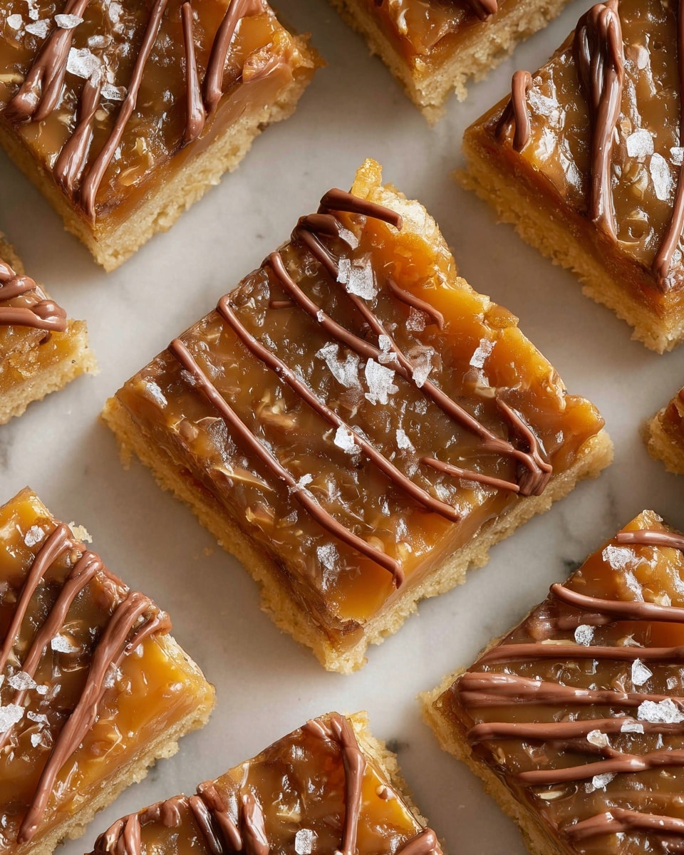 The image shows several square-shaped dessert bars placed close together on a white marbled surface. Each bar has two main layers: a light golden, crumbly base and a sticky caramel-like layer on top that appears shiny and textured with bits visible inside. The caramel layer is drizzled with thin lines of smooth, milk chocolate in a zigzag pattern. A few pieces have small flakes of sea salt sprinkled on the top. The bars have clean-cut edges and the colors range from light tan at the base to rich golden brown on the caramel, contrasted with the darker milk chocolate drizzle. photo taken with an iphone --ar 4:5 --v 7