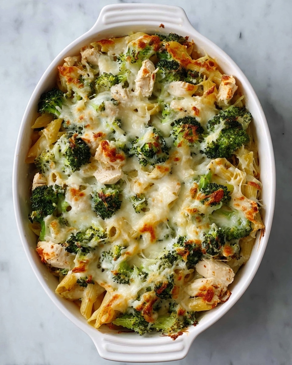 The dish is a baked pasta casserole served in a white oval ceramic dish with handles. The bottom layer is golden baked pasta mixed with chunks of light brown cooked chicken. On top of this, there are bright green broccoli florets scattered evenly throughout. The entire casserole is covered with a melted, creamy white cheese layer that looks lightly browned in some spots. The texture shows a mix of gooey cheese stretches and crisp edges with the pasta and broccoli peeking through. The dish rests on a white marbled surface. photo taken with an iphone --ar 4:5 --v 7