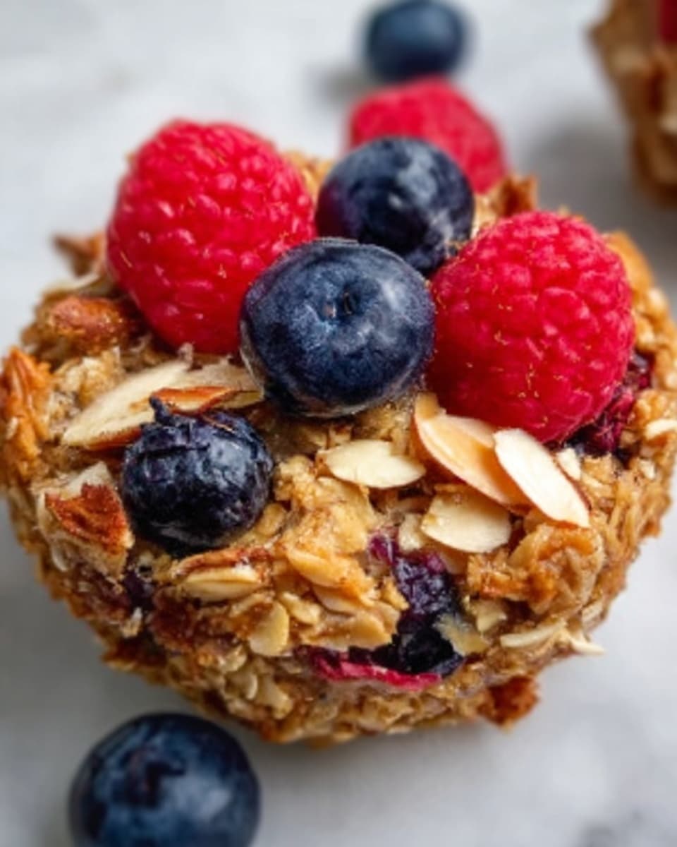 A close-up of a single round granola cluster sitting on a white marbled surface, made of layers including a base of golden-brown oats and nuts mixed with small pieces of dried berries, topped with fresh red raspberries and small dark blue blueberries scattered on top, with some almond slices visible around the berries, showing a crunchy and textured look. photo taken with an iphone --ar 4:5 --v 7