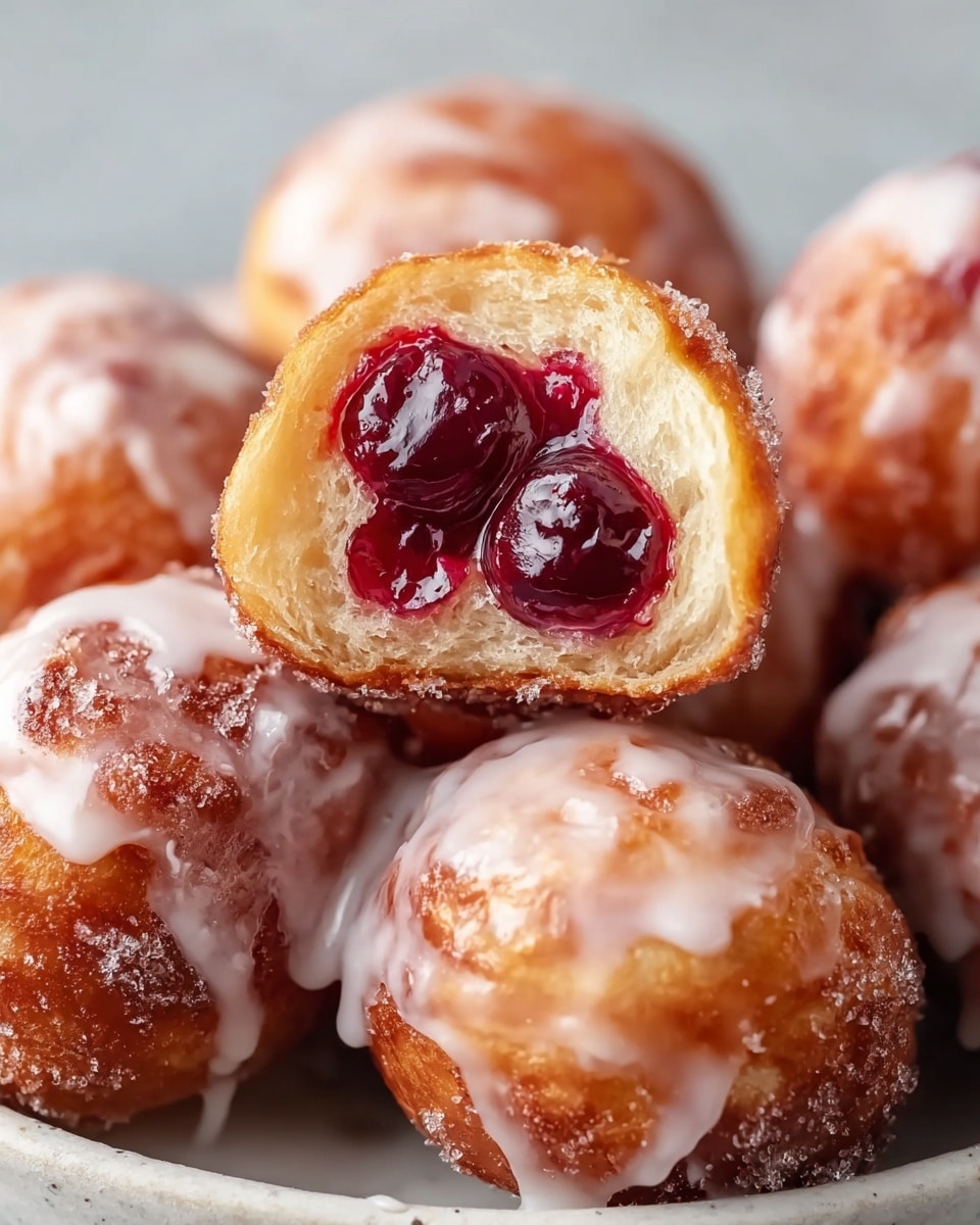 A close-up view of small round doughnuts with a golden-brown crispy outer layer covered in a translucent white glaze that drips down the sides. One doughnut is broken open and held above the others, showing three shiny, deep red cherry filling sections inside a light, fluffy dough interior. The doughnuts are on a white plate with a white marbled texture background, creating a warm, fresh look. Photo taken with an iphone --ar 4:5 --v 7