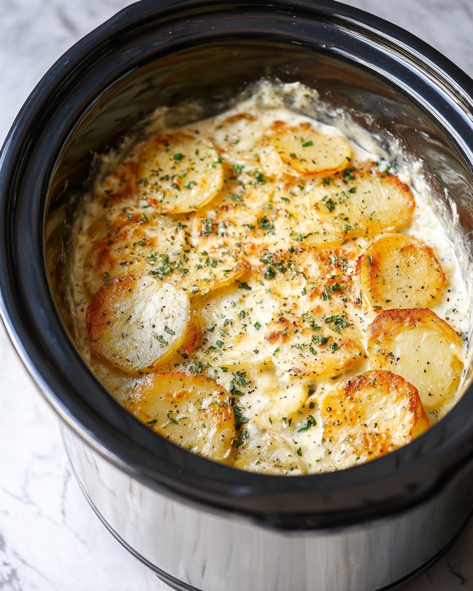 This image shows a slow cooker filled with creamy scalloped potatoes. The dish has at least two layers: the base layer of thinly sliced potatoes in a smooth, white creamy sauce, and a top layer of golden-brown potato slices slightly crispy with a sprinkling of green herbs evenly spread across. The edges of the potato slices have a light crust, and black pepper is scattered on top, adding texture. The slow cooker is silver and shiny, placed on a white marbled surface. Photo taken with an iphone --ar 4:5 --v 7