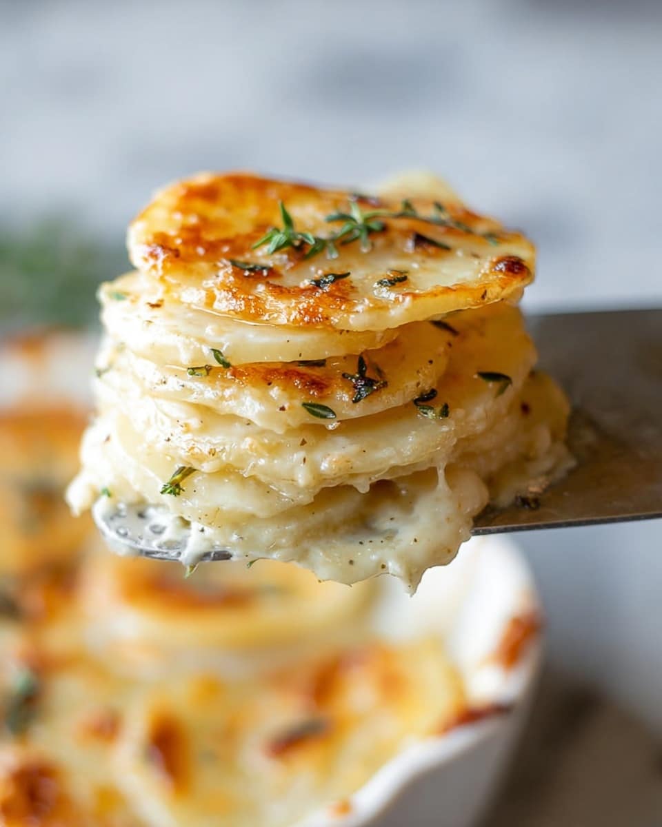 The image shows a close-up of a stack of five scalloped potato slices, held by a silver spatula with a wooden handle. Each potato slice is creamy white with a slightly golden, crispy top layer that has a toasted texture. Small green herb leaves, likely thyme, are scattered on top and between the layers, adding a touch of color. The potatoes look soft and creamy, layered evenly with a smooth sauce visible between them. The background features more scalloped potatoes in a white dish placed on a white marbled surface. photo taken with an iphone --ar 4:5 --v 7