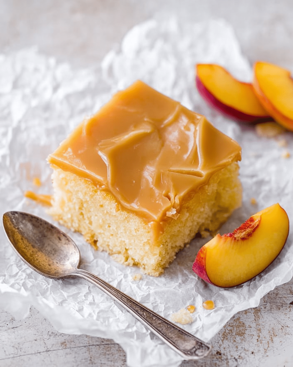 A square piece of yellow cake with visible chunks of peach inside sits on crumpled white paper on a white marbled background. The cake has a thick, smooth layer of light beige icing covering the top, slightly cracked on the surface. To the side of the cake piece, there is a metal fork resting on the paper, and in the background, there are slices of fresh peach with their skin on. The texture of the cake looks soft and moist with peach pieces clearly embedded inside, beneath the creamy icing layer. Photo taken with an iphone --ar 4:5 --v 7