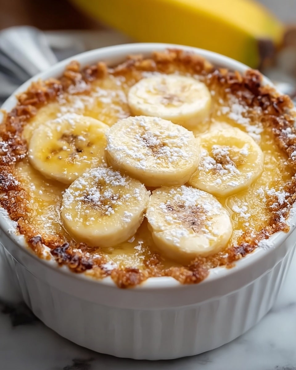 A close-up view of a baked dessert in a white round dish, featuring a crunchy, golden-brown crust forming a raised edge around the plate. Inside the crust is a smooth, shiny light yellow filling that looks soft and creamy. On the top, there are seven thick slices of fresh banana evenly spaced, each with a pale yellow color and soft texture. The dessert is dusted lightly with white powdered sugar, adding a subtle contrast against the warm colors of the filling and crust. The whole dish sits on a white marbled surface. photo taken with an iphone --ar 4:5 --v 7