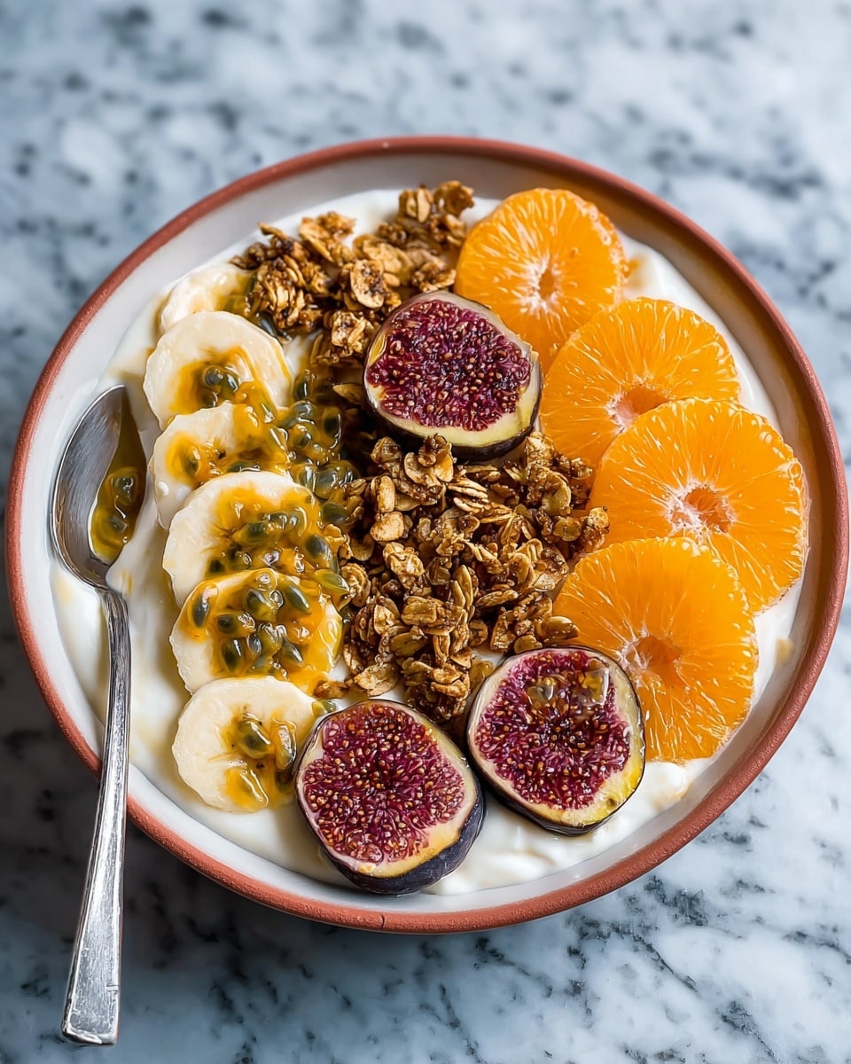 A white bowl filled with a creamy white base at the bottom, topped with clusters of crunchy granola scattered mostly in the center and left side. On the right side, there are several bright orange, thinly sliced rounds of citrus fruit neatly stacked. Around the top and bottom edges, dark purple-red fig halves with visible seeds add rich color. In the center, a row of sliced bananas is drizzled with golden honeycomb and passion fruit seeds, adding shine and texture. A silver spoon rests on the left side of the bowl, all set against a white marbled texture. photo taken with an iphone --ar 4:5 --v 7