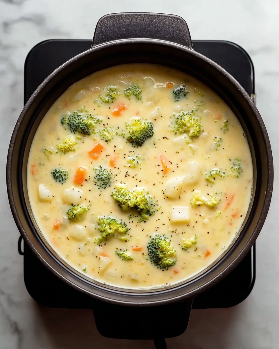 A thick, creamy soup fills a black pot sitting on a black induction cooktop against a white marbled texture. The soup has a pale yellow base with visible chunks of bright green broccoli florets scattered throughout, along with small pieces of orange carrot and white potato cubes. Small black pepper specks are sprinkled on top, adding contrast to the smooth surface. The soup looks warm and hearty with a slightly glossy texture. photo taken with an iphone --ar 4:5 --v 7