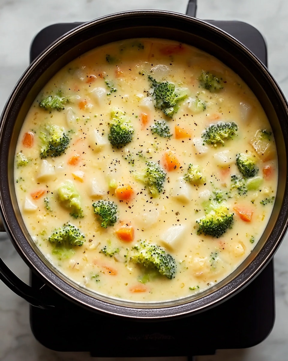 A black pot filled with creamy soup that has visible layers of small bright green broccoli florets, orange carrot pieces, and soft white potato chunks evenly spread throughout the pale yellow soup base, dotted lightly with black pepper. The pot sits on a black electric cooktop against a white marbled texture surface, showing a smooth, rich broth with a mix of chunky vegetables. photo taken with an iphone --ar 4:5 --v 7