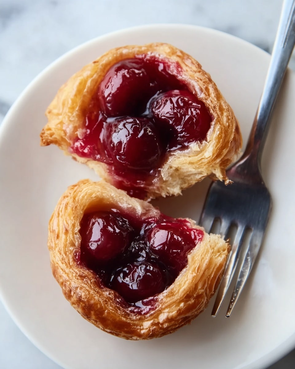 Two small pieces of flaky, golden-brown pastry are shown on a white plate, each filled with a glossy, deep red cherry filling with visible whole cherries inside. The outer layer of the pastry looks crisp and slightly crumbly, while the cherry filling is thick and shiny, creating a rich contrast. A silver fork rests on the plate beside the pastries. The background is a white marbled texture. photo taken with an iphone --ar 4:5 --v 7