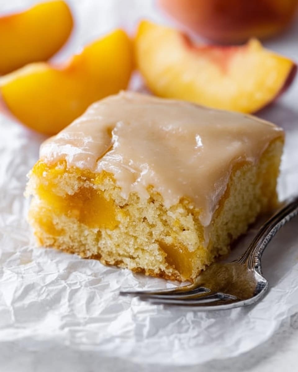 A square piece of cake with two layers sits on a crumpled white parchment paper over a white marbled surface. The bottom layer is a light yellow sponge cake with a soft, crumbly texture. The top layer is a thick, shiny caramel glaze with a smooth surface cracked in places. Two peach slices with yellow and orange skin and red flesh edges are placed near the cake, and a vintage silver spoon lies beside it. Photo taken with an iphone --ar 4:5 --v 7