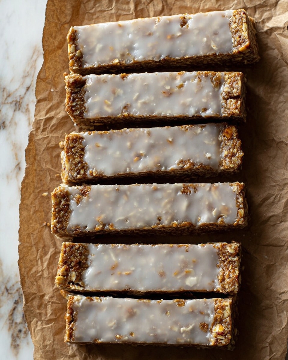 The image shows six rectangular bars laid out in a single layer on crumpled brown parchment paper on a white marbled surface. Each bar has a brown base with visible bits of nuts or oats, and they are topped with a thin, smooth, shiny white glaze that covers the entire top surface of every bar. The bars are neatly cut with straight edges, aligned close together, and the texture looks moist and dense under the glaze. Photo taken with an iphone --ar 4:5 --v 7