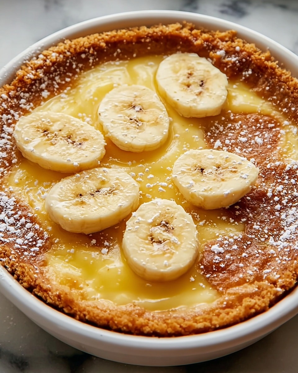 A close-up view of a white ceramic ramekin filled with a baked banana dessert. The top layer shows several round slices of banana, pale yellow with light brown seeds at the center. Beneath the bananas is a glossy, slightly translucent custard layer. The outer edge has a thick, crumbly, golden-brown crust that looks crispy. Light dusting of white powdered sugar is sprinkled unevenly over the bananas and crust. The ramekin sits on a white marbled surface, with a blurred yellow object in the background. photo taken with an iphone --ar 4:5 --v 7