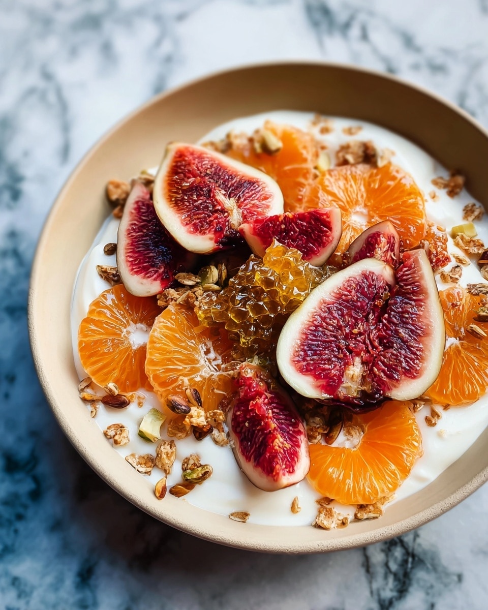A bowl filled with a thick layer of white creamy yogurt forms the base. On top, there are bright orange mandarin slices, deep red blood orange slices with a vivid pattern, and sliced figs showing their reddish-purple interior with small seeds. Shiny, golden honeycomb pieces are placed atop the fruit, adding a textured, glistening look. Scattered granola and passion fruit seeds are sprinkled over everything, giving a crunchy element. The bowl is white and set against a white marbled surface. Photo taken with an iphone --ar 4:5 --v 7